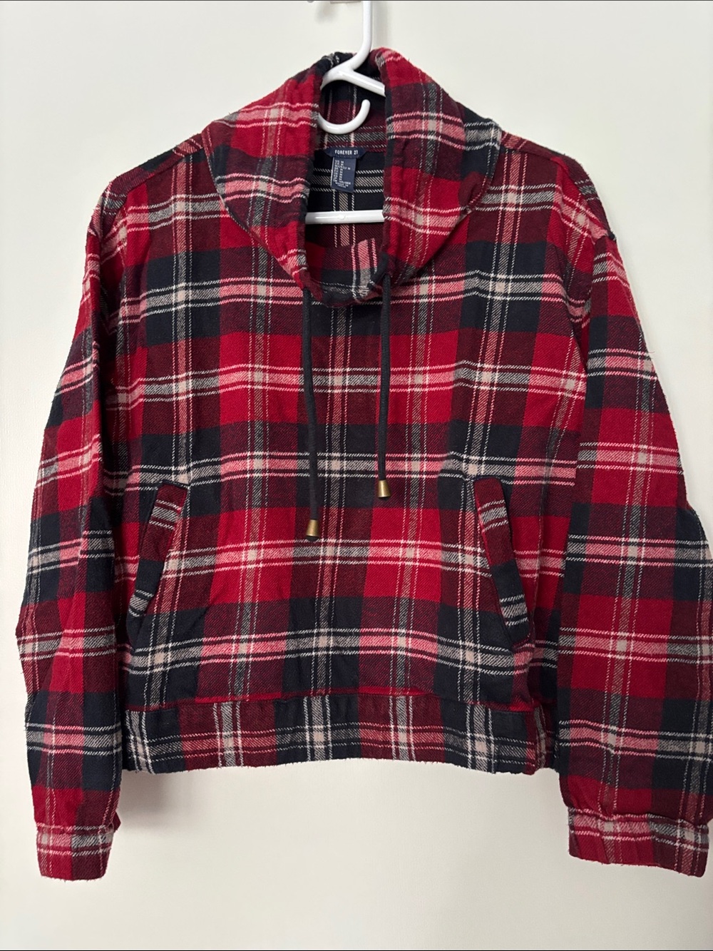 Forever 21 Red and Black Plaid Funnel Neck Pullover Jacket
